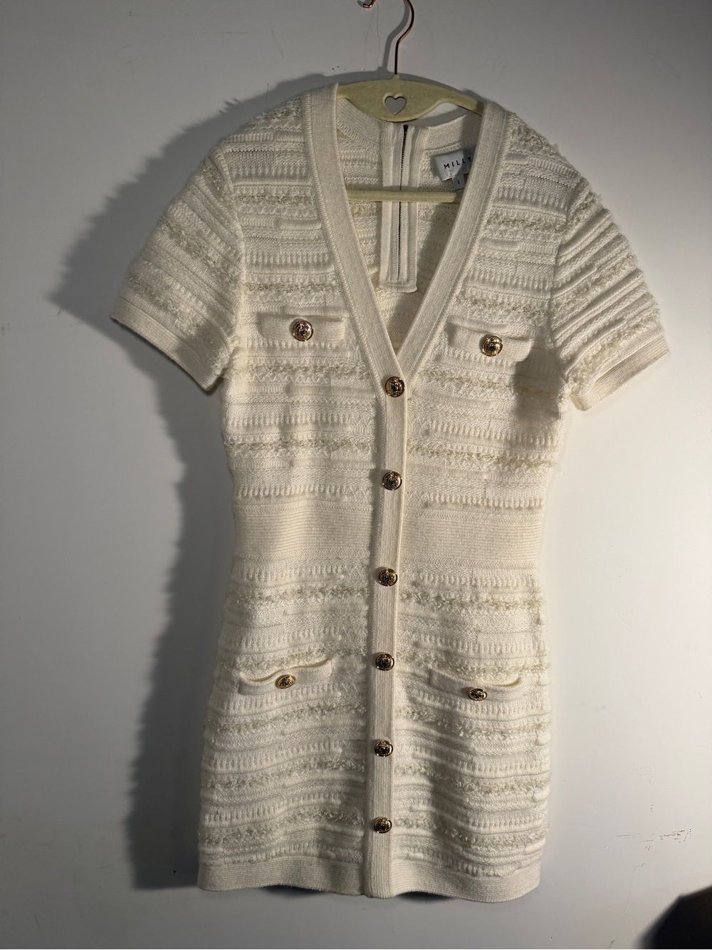 NWOT MILLY Kennedy Textured V-Neck Knit Mini Dress - Ecru White - Sz S